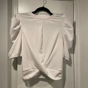 Melrose and Market White Ribbed Puff Sleeve Twist Front Stretch Crop Top Size S